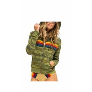 Aviator Nation 5 Stripe Zip Hoodie Green Camo Print Size Women's S Surf Cali